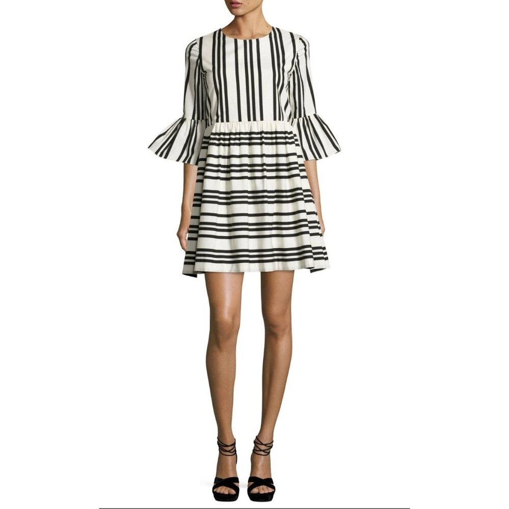Alice + Olivia Augusta Striped Ruffle Mini Dress Ivory Black Size US 2 $330 [jb]